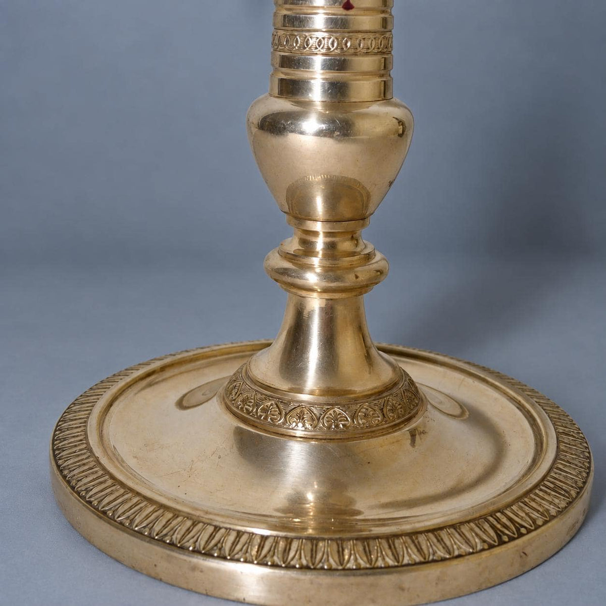 Vintage Empire Style Candlestick Table Lamp, Silver-Tone Metal with Heart-and-Dart and Beaded Bands, Attributed Late 19th Century