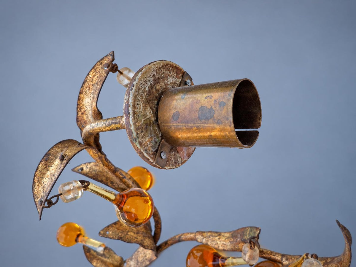 Vintage Pair of Florentine Style Gilt Tôle Candle Sconces with Amber Glass Drops, Leaf Sprays and Two Arms Each, 45 cm