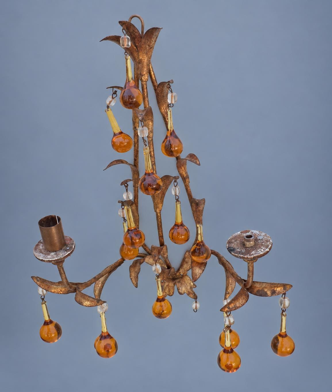Vintage Pair of Florentine Style Gilt Tôle Candle Sconces with Amber Glass Drops, Leaf Sprays and Two Arms Each, 45 cm