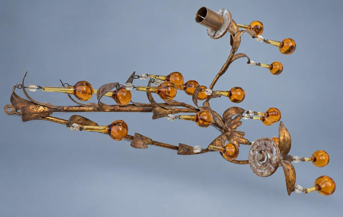 Vintage Pair of Florentine Style Gilt Tôle Candle Sconces with Amber Glass Drops, Leaf Sprays and Two Arms Each, 45 cm