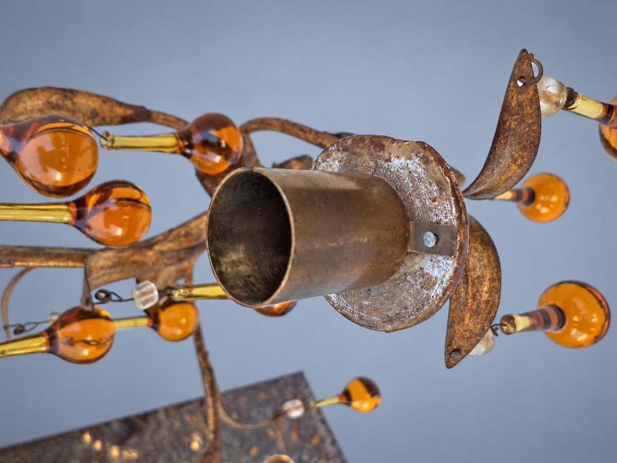 Vintage Pair of Florentine Style Gilt Tôle Candle Sconces with Amber Glass Drops, Leaf Sprays and Two Arms Each, 45 cm