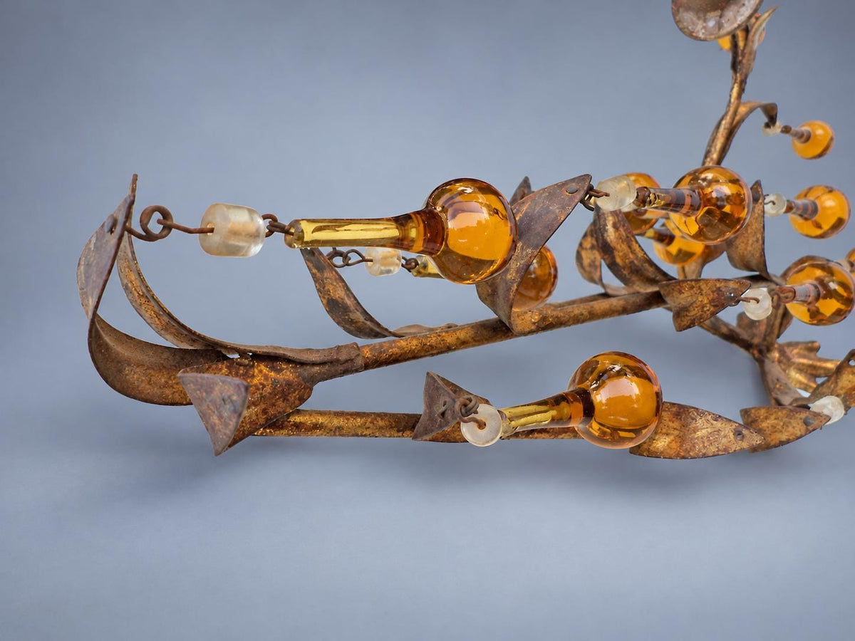 Vintage Pair of Florentine Style Gilt Tôle Candle Sconces with Amber Glass Drops, Leaf Sprays and Two Arms Each, 45 cm