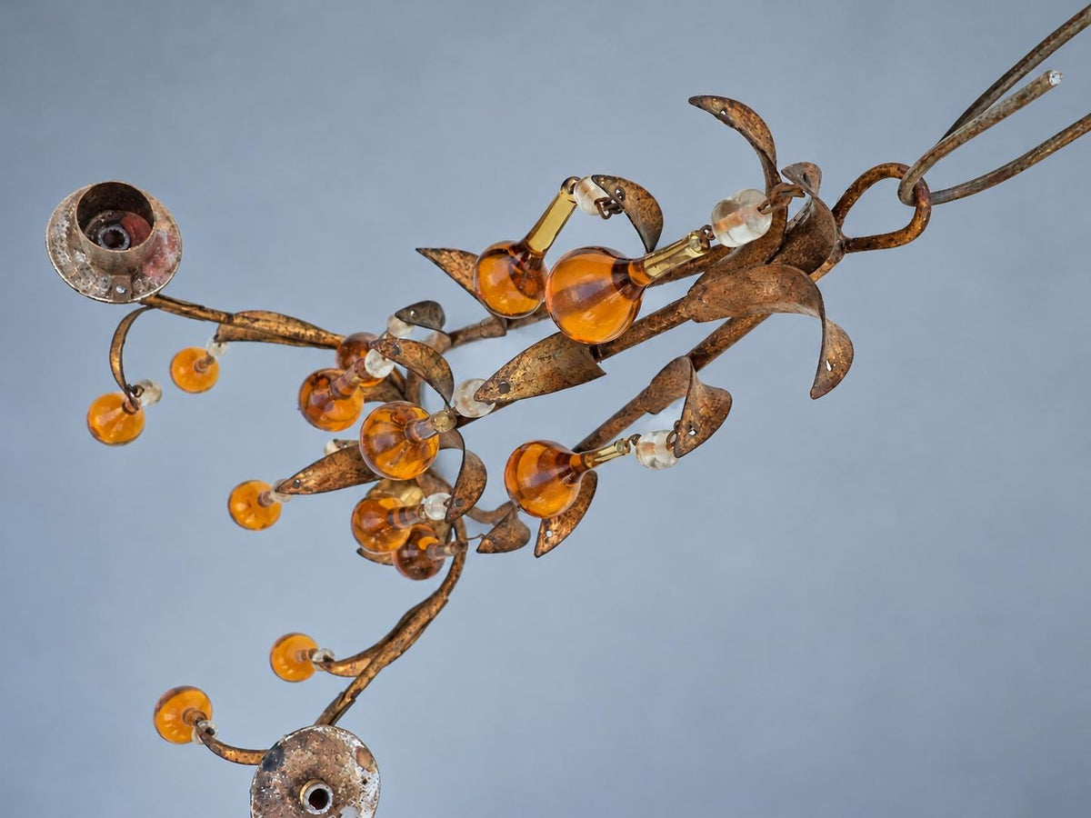 Vintage Pair of Florentine Style Gilt Tôle Candle Sconces with Amber Glass Drops, Leaf Sprays and Two Arms Each, 45 cm