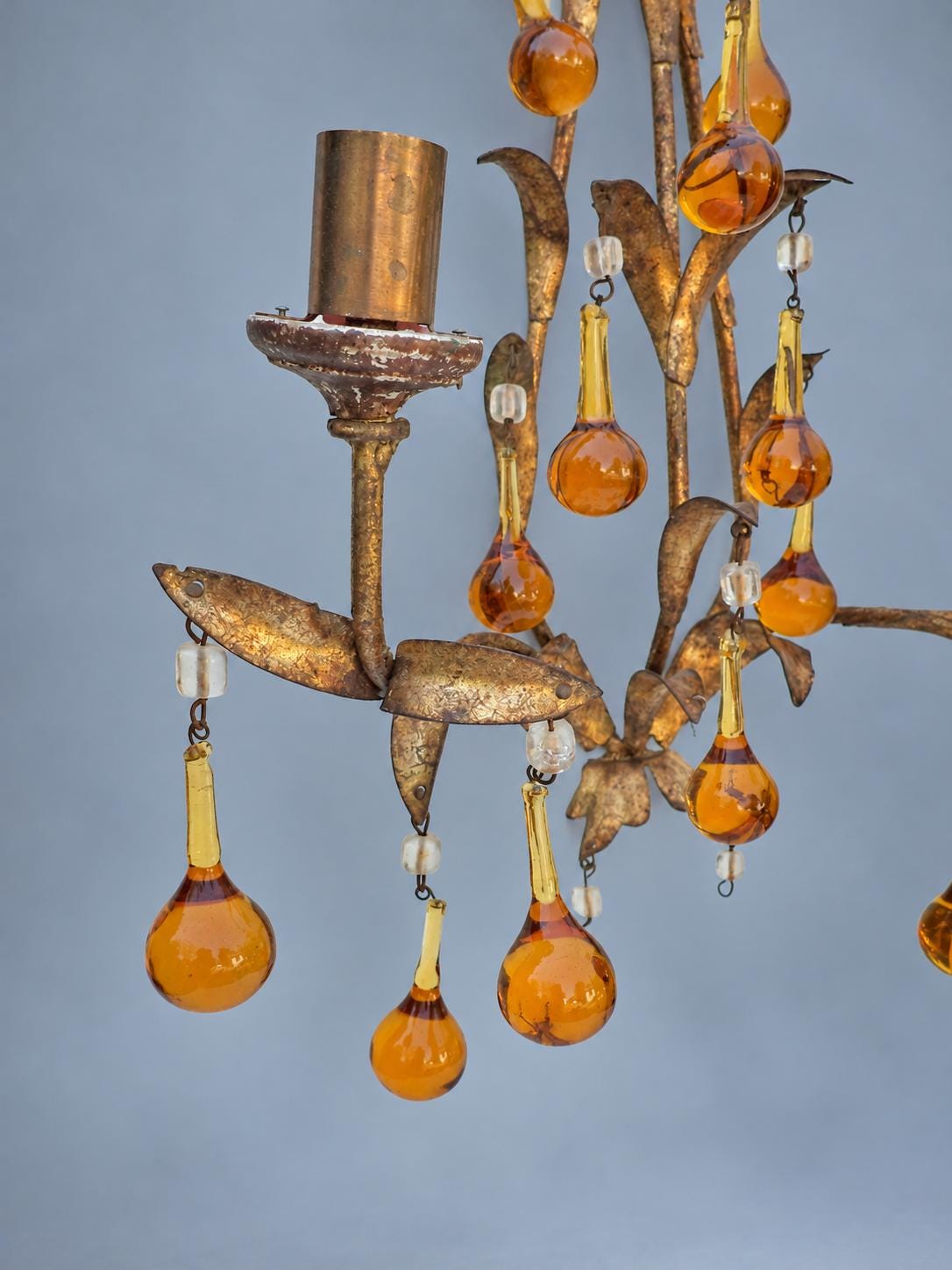Vintage Pair of Florentine Style Gilt Tôle Candle Sconces with Amber Glass Drops, Leaf Sprays and Two Arms Each, 45 cm