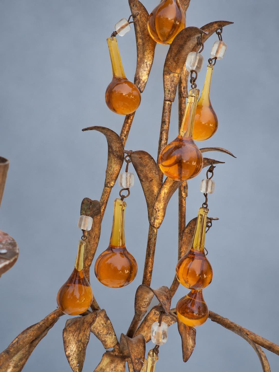 Vintage Pair of Florentine Style Gilt Tôle Candle Sconces with Amber Glass Drops, Leaf Sprays and Two Arms Each, 45 cm