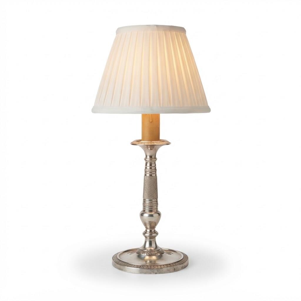 Vintage Empire Style Candlestick Table Lamp, Silver-Tone Metal with Heart-and-Dart and Beaded Bands, Attributed Late 19th Century