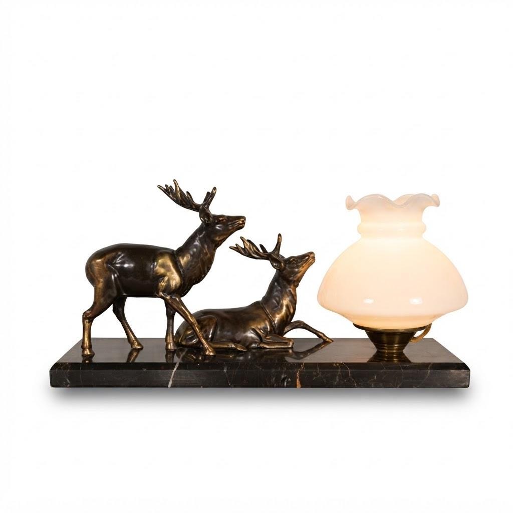 Vintage Art Deco Style Sculptural Desk Lamp, Two Patinated Metal Stags on Black Veined Marble Base, White Glass Tulip Shade, 32 cm