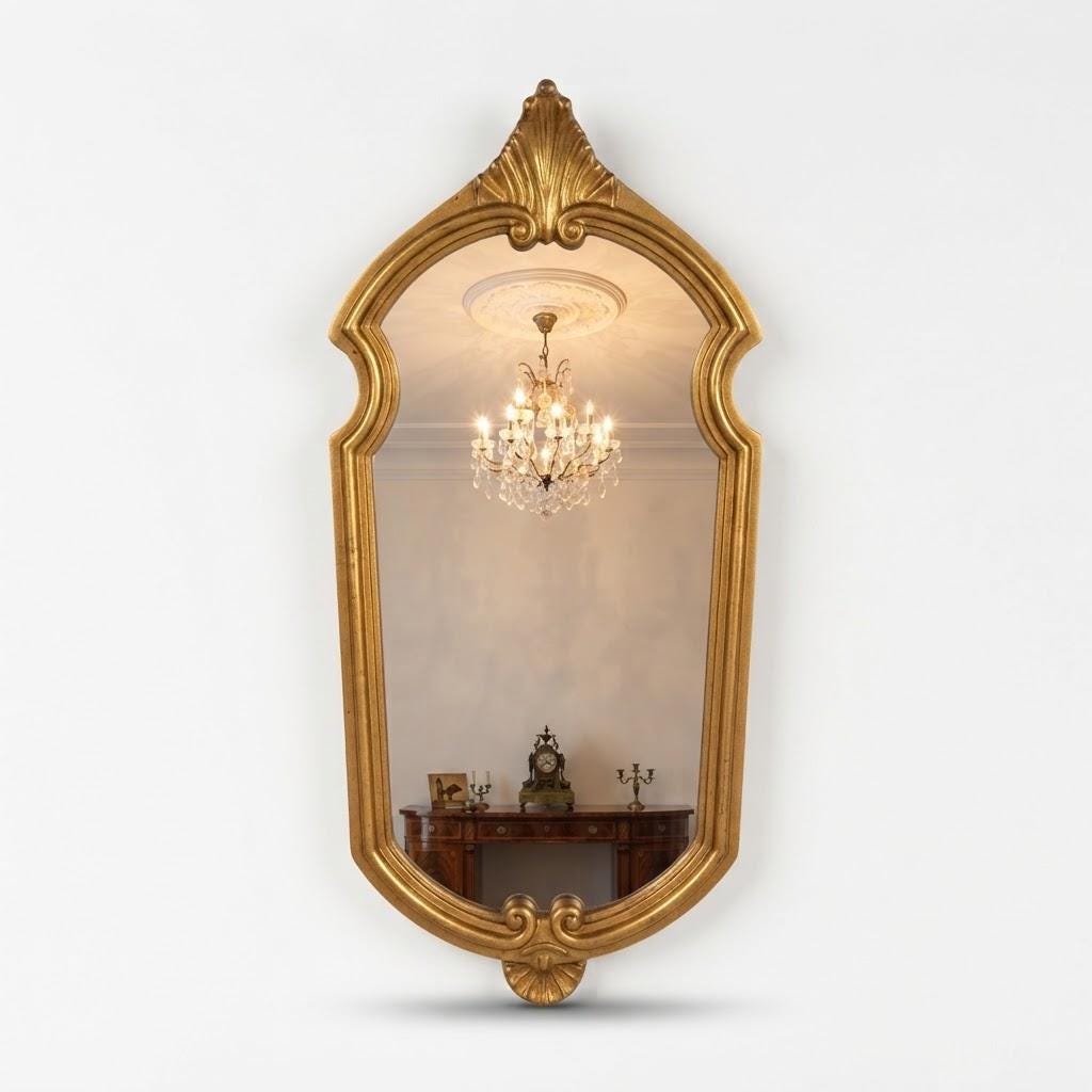 Vintage Louis XV Style Wall Mirror, Gold-Tone Resin Frame with Palmette Crest and Scrolled Shell Base, Attributed 1970s–80s, 42 cm