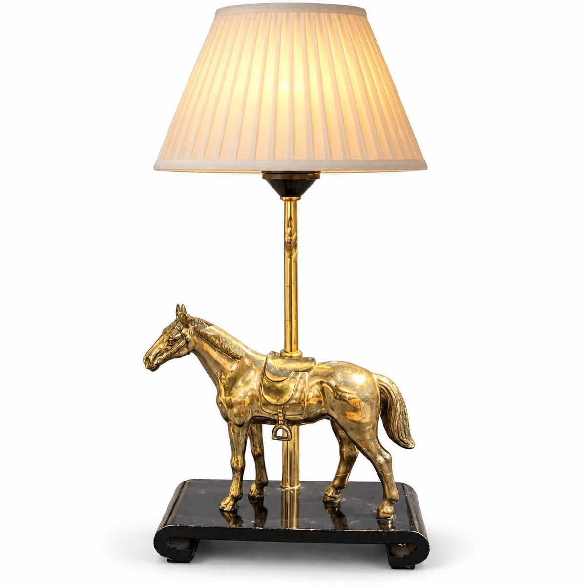 Vintage Horse Table Lamp Base, Attributed 1970s, Gold-Tone Saddled Horse on Black Lacquered Scroll-End Wooden Stand, Adjustable Height