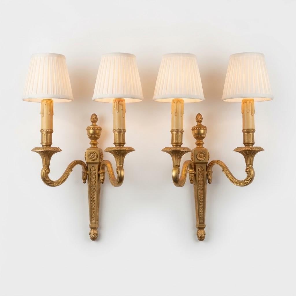 Vintage Pair of Large Louis XVI Style Gilt Metal Wall Sconces, Tapering Backplates with Urn Finials and Rosettes, Two Lights Each, 36 cm