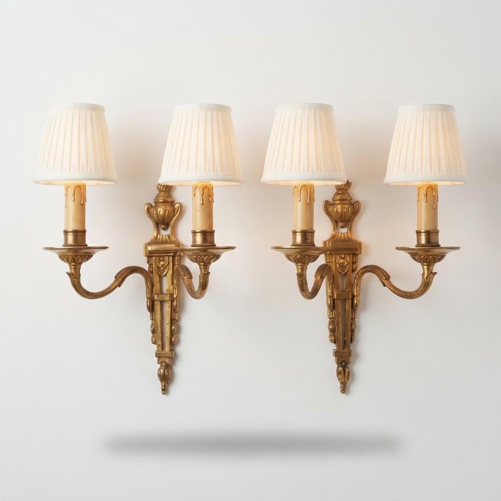 Vintage Pair of Louis XVI Style Two-Arm Candle Sconces, Gilt Metal with Flaming Urn Finials and Pierced Backplates, Late 19th Century, 26 cm
