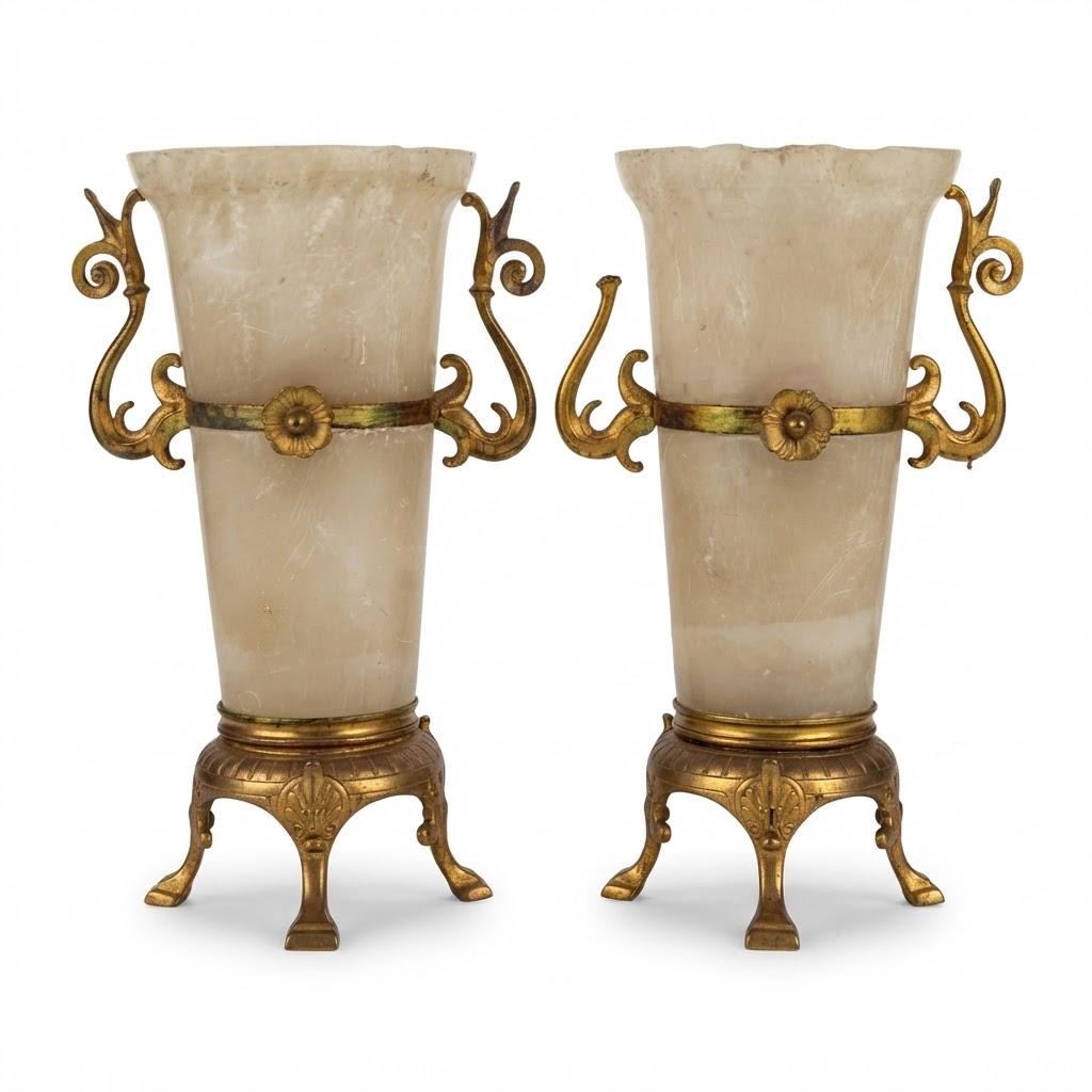 Vintage Pair of Napoléon III Style Alabaster Mantel Vases, Gilt Metal Mounts with Scrolled Handles and Palmette Tripod Feet, 19th Century
