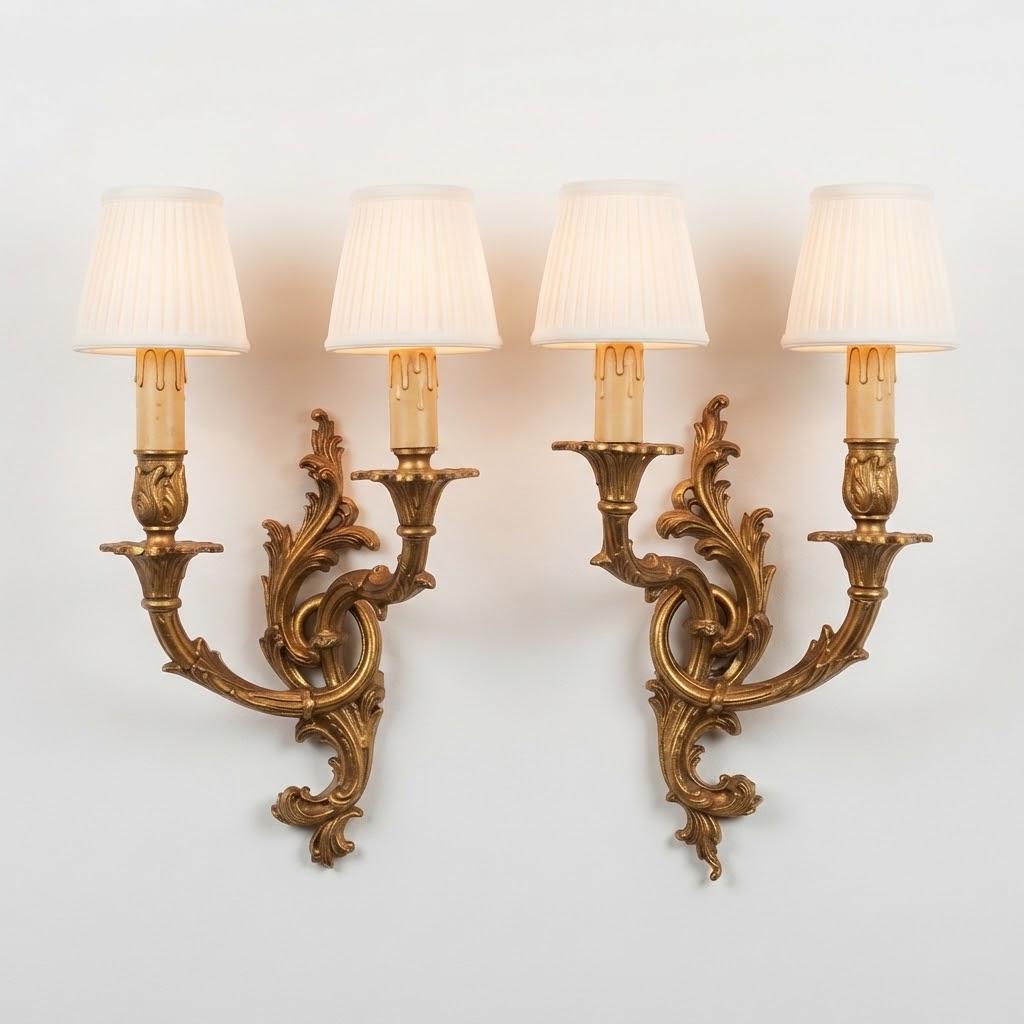 Vintage Mirror-Image Pair of Large Louis XV Style Gilt Metal Wall Sconces, Looping Acanthus Arms with Tulip Cups, Two Lights Each, 35 cm