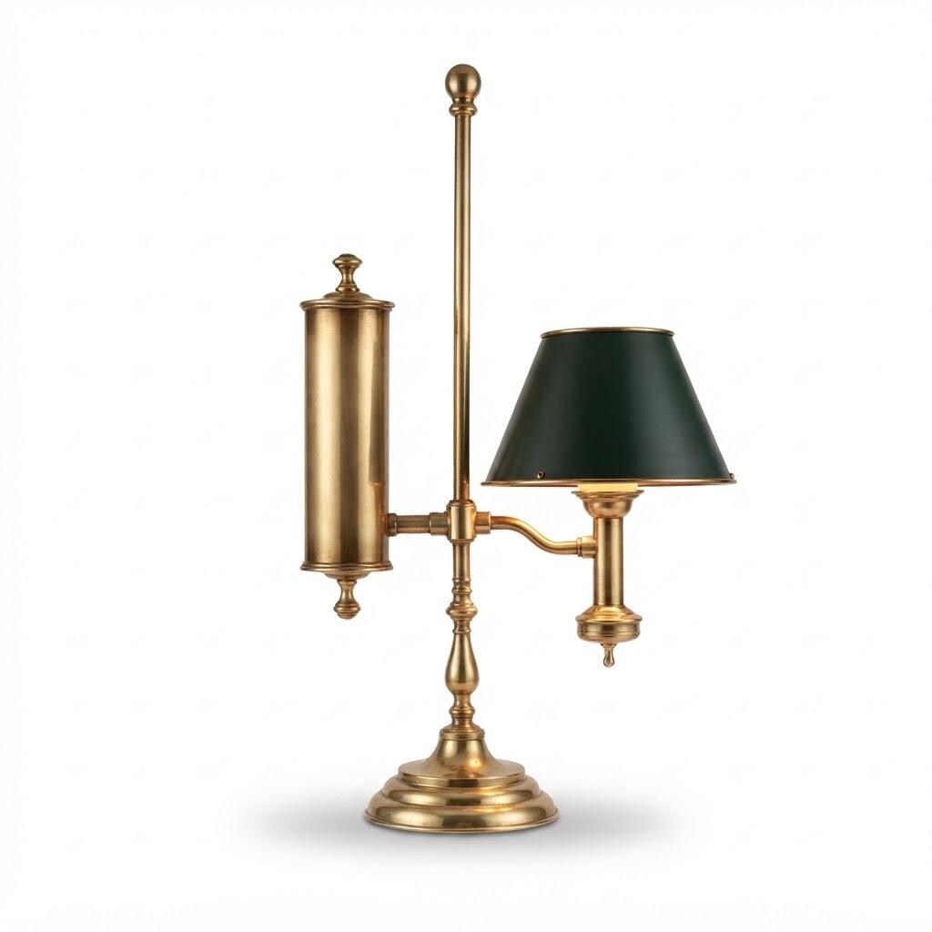 Vintage Brass Student Lamp, Victorian Style Desk Lamp with Faux Oil Reservoir and Green Painted Metal Shade, 57 cm