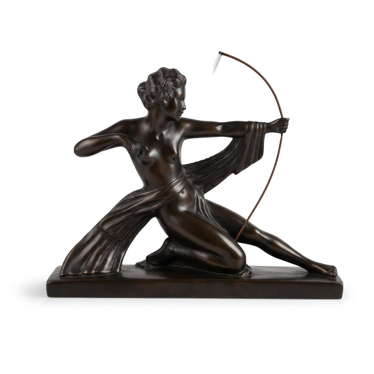 Art Deco Diana the Huntress Statue, Dark Green Patina Kneeling Archer Sculpture, Vintage