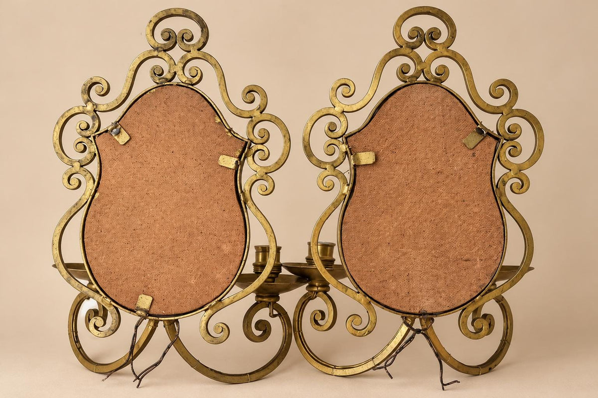 Pair of Gilt Metal Two-Arm Mirror Wall Sconces, Scrolled Arabesque Frame, Vintage