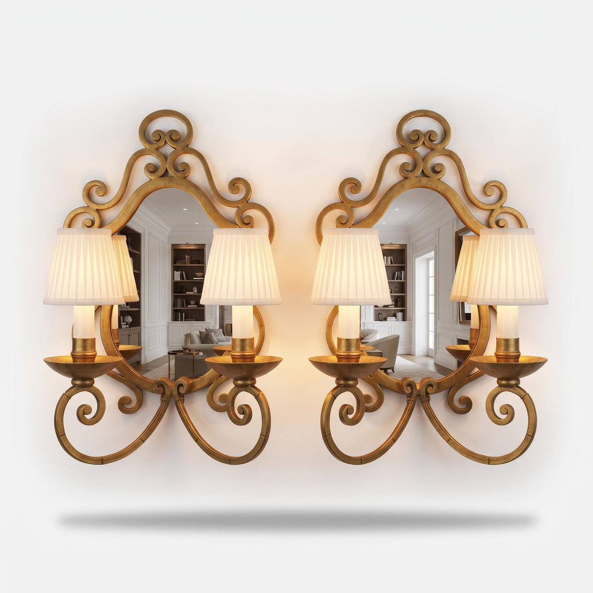 Pair of Gilt Metal Two-Arm Mirror Wall Sconces, Scrolled Arabesque Frame, Vintage