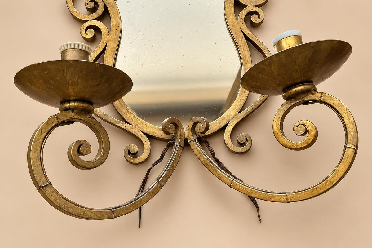 Pair of Gilt Metal Two-Arm Mirror Wall Sconces, Scrolled Arabesque Frame, Vintage