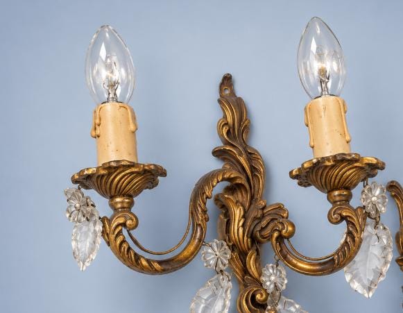 Pair of Louis XV Style Gilt Two-Arm Wall Sconces with Cut Glass Drops, Vintage