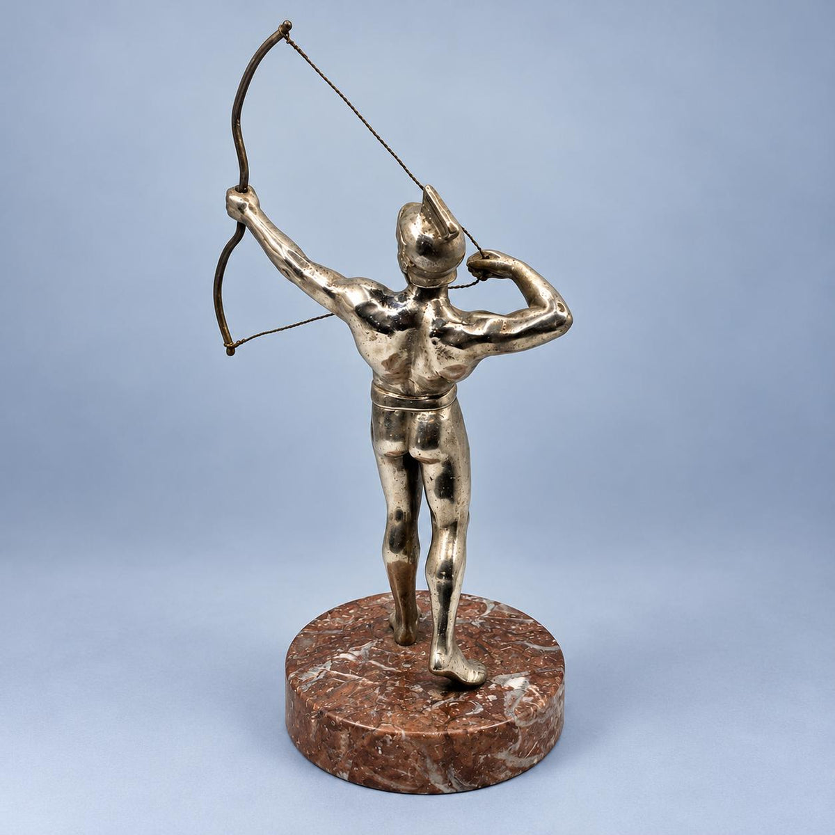 Art Deco Style Archer Statue, Silver-Tone Metal Bowman on Red Stone Base, Vintage