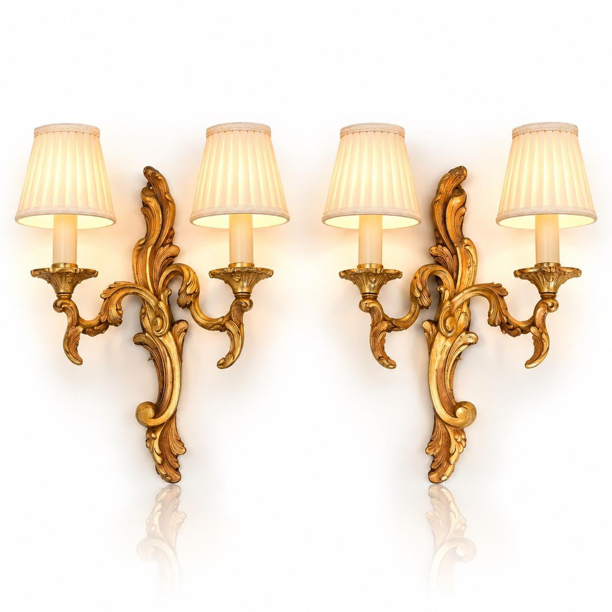 Pair of Gilt Louis XV Style Two-Arm Wall Sconces, Mirrored Acanthus Rocaille Design, Vintage
