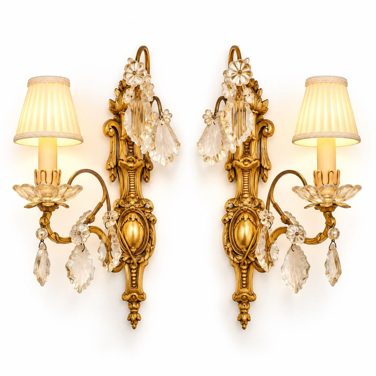 Pair of Gilt Louis XVI Style Wall Sconces with Glass Drops, Vintage