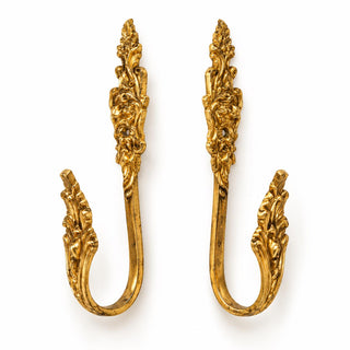 Pair of Gold-Tone Rococo Curtain Tiebacks, Ornate Cast Holdback Hooks, Vintage