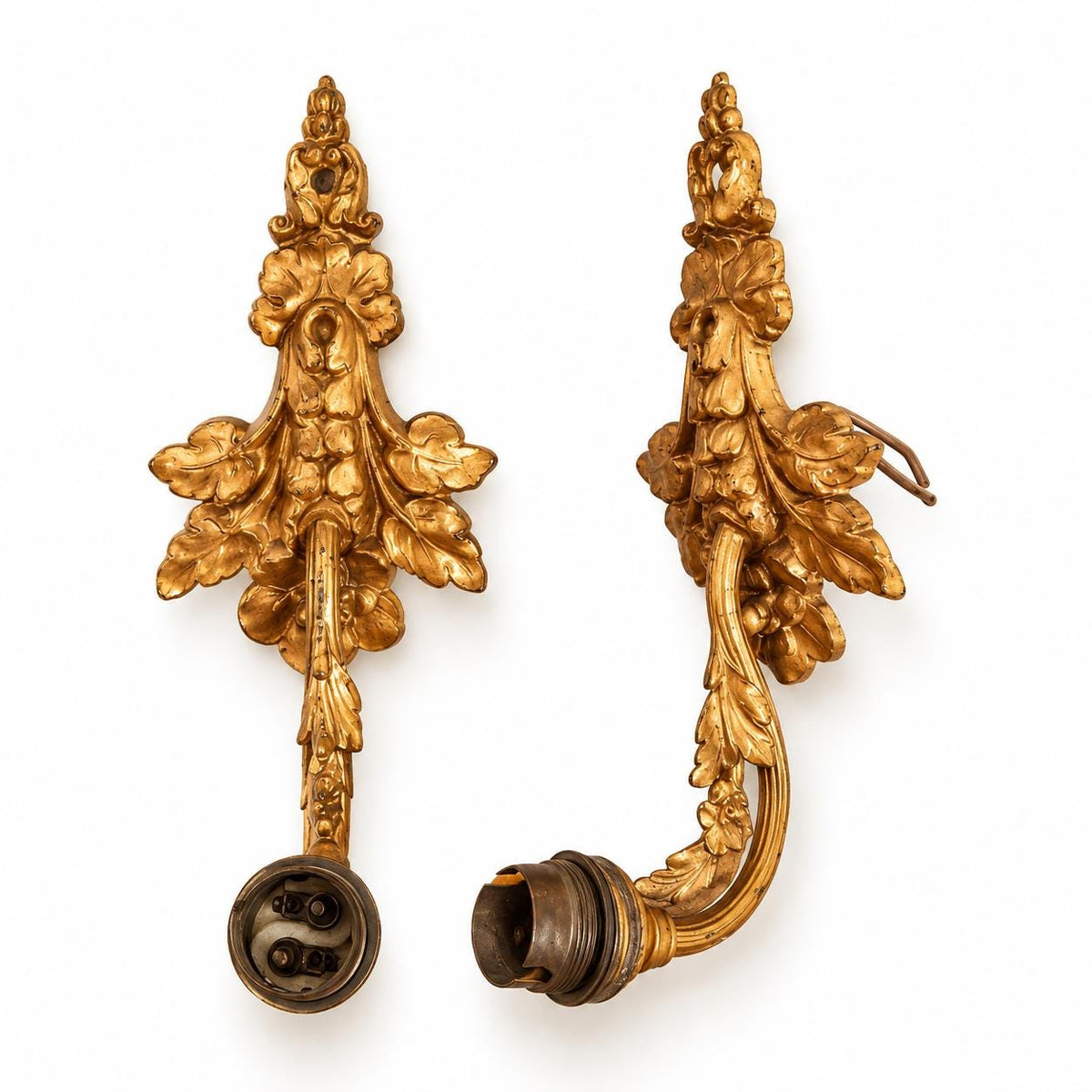 Pair of Brass Single-Light Wall Sconces with Grapevine Leaf Design, Vintage