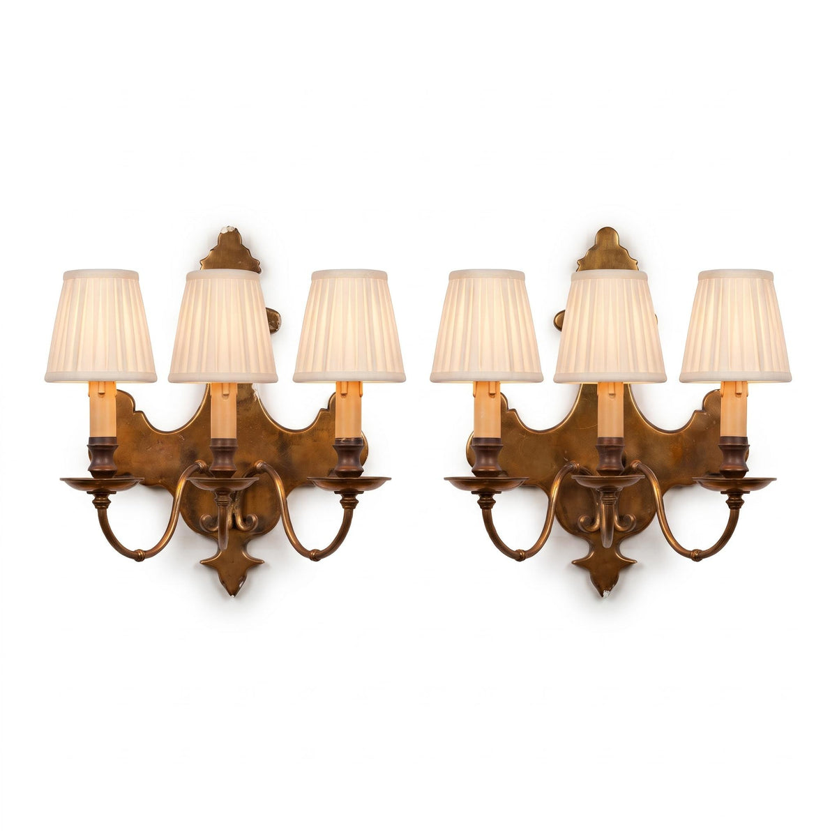 Pair of Vintage Dutch Baroque Style Three-Arm Wall Sconces, Large Shaped Brass-Tone Backplates, Candle Lights for Dining Room or Hall