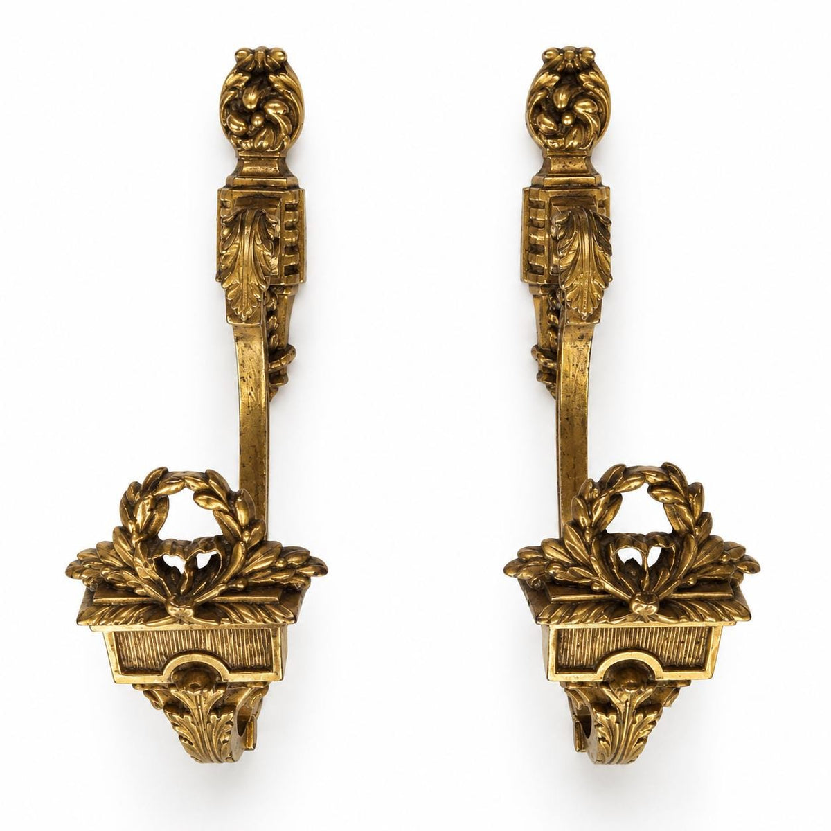 Pair of Antique Napoleon III Gilt Bronze Curtain Tiebacks, Louis XVI Style Laurel Wreath Holdbacks, 19th Century Drapery Hardware