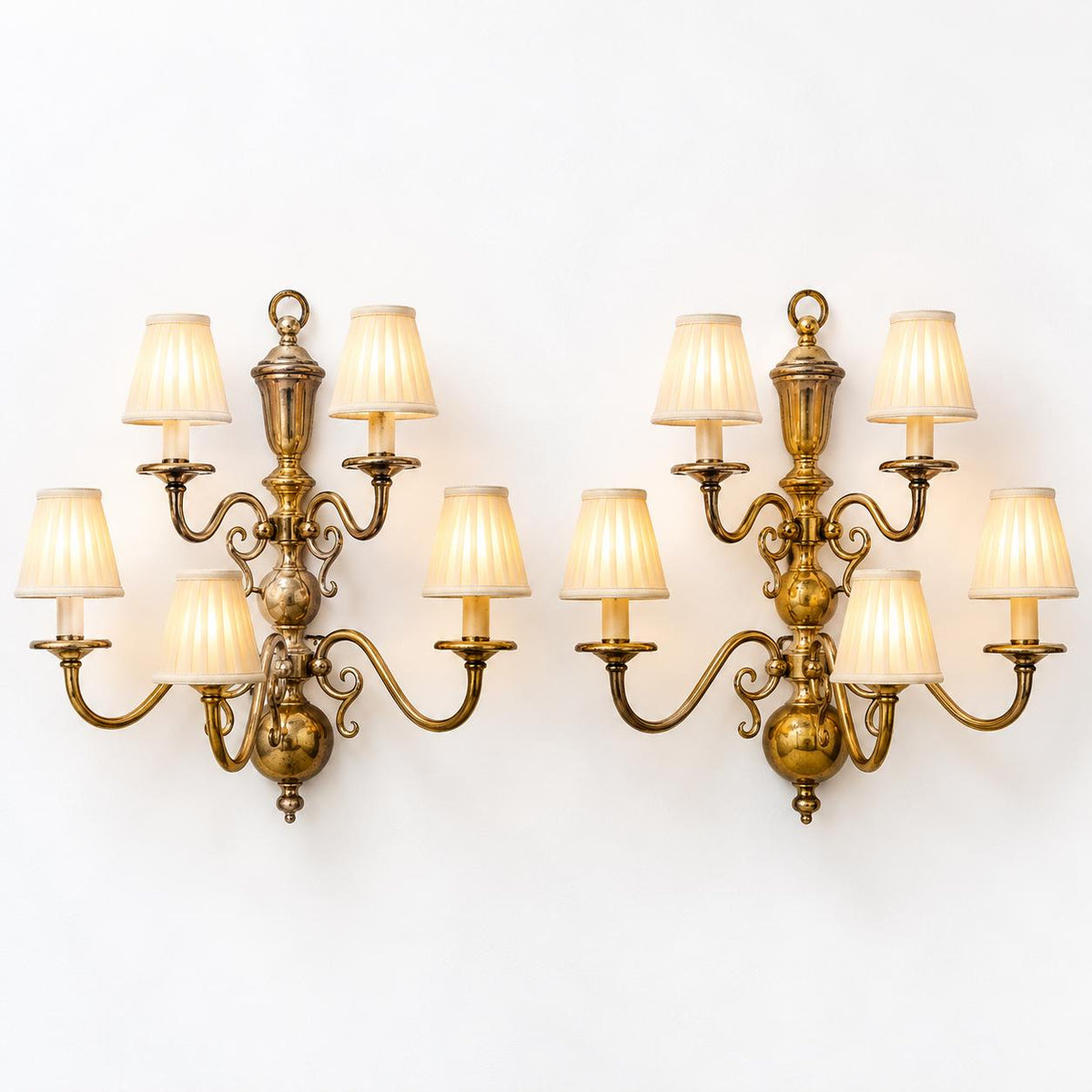 Pair of Large Vintage Dutch Baroque Style Bronze Five-Arm Wall Sconces, Two-Tier Candle Lights with Ball Base for Dining Room or Hall