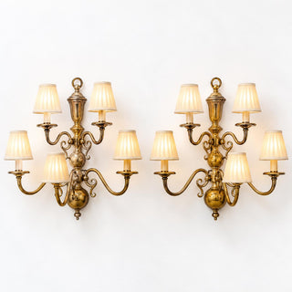 Pair of Large Vintage Dutch Baroque Style Bronze Five-Arm Wall Sconces, Two-Tier Candle Lights with Ball Base for Dining Room or Hall