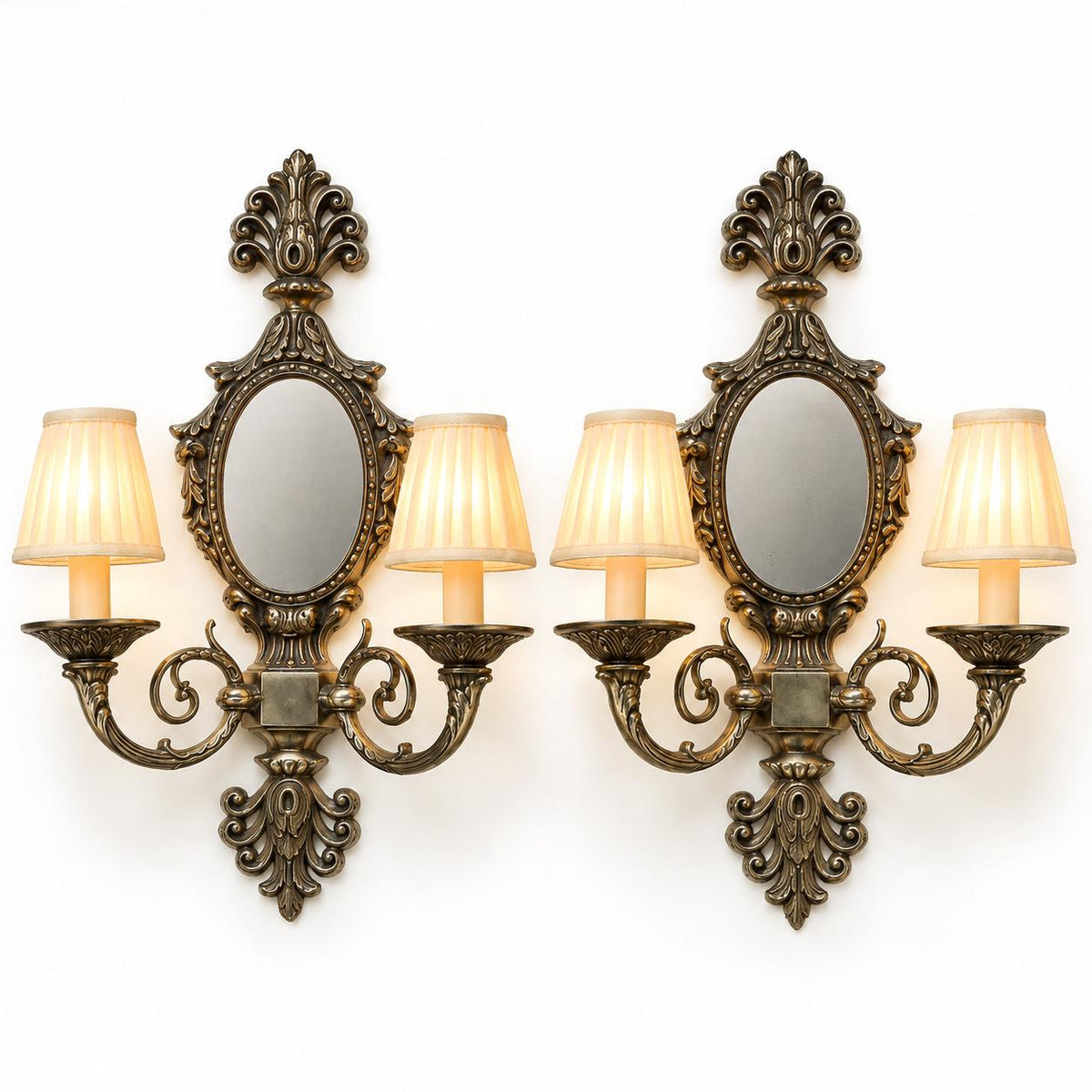 Pair of Vintage Bronze Two-Arm Wall Sconces with Oval Mirrors, Ornate Baroque Style Candle Lights for Hallway, Bedroom or Entryway