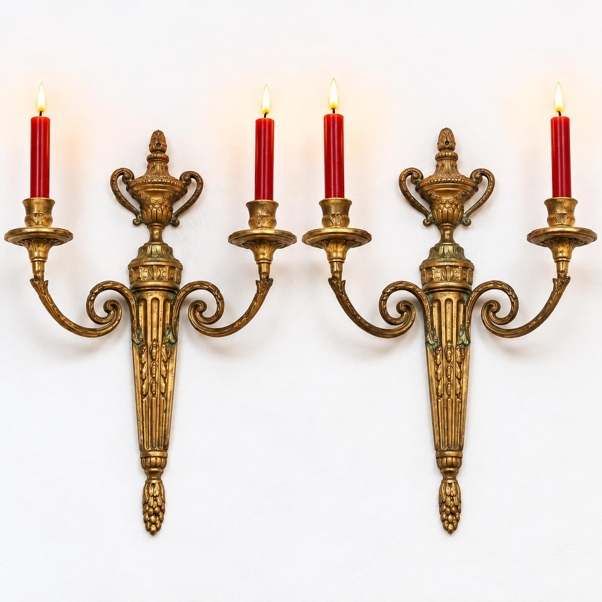 Pair of Vintage Louis XVI Style Bronze Two-Arm Candle Wall Sconces, Neoclassical Urn and Fluted Pilaster Design, Hallway Decor