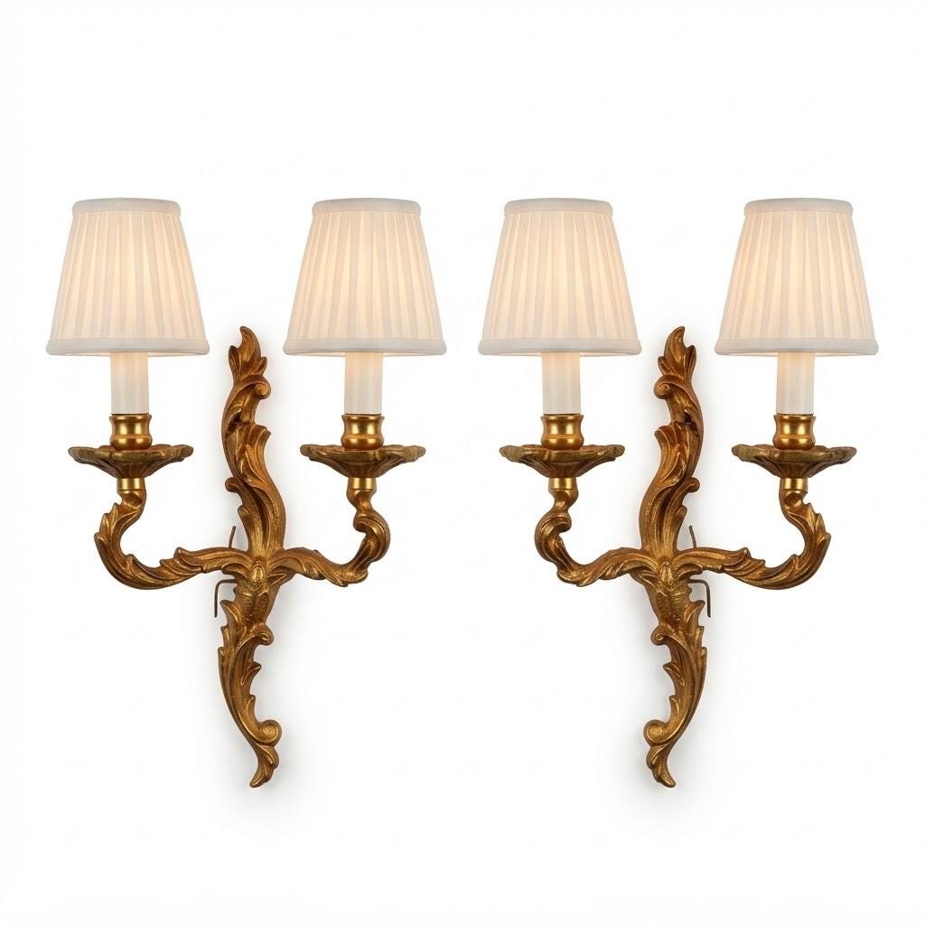 Pair of Vintage Louis XV Style Gilt Bronze Two-Arm Wall Sconces, Rococo Acanthus Scroll Lights with Black Candle Sleeves