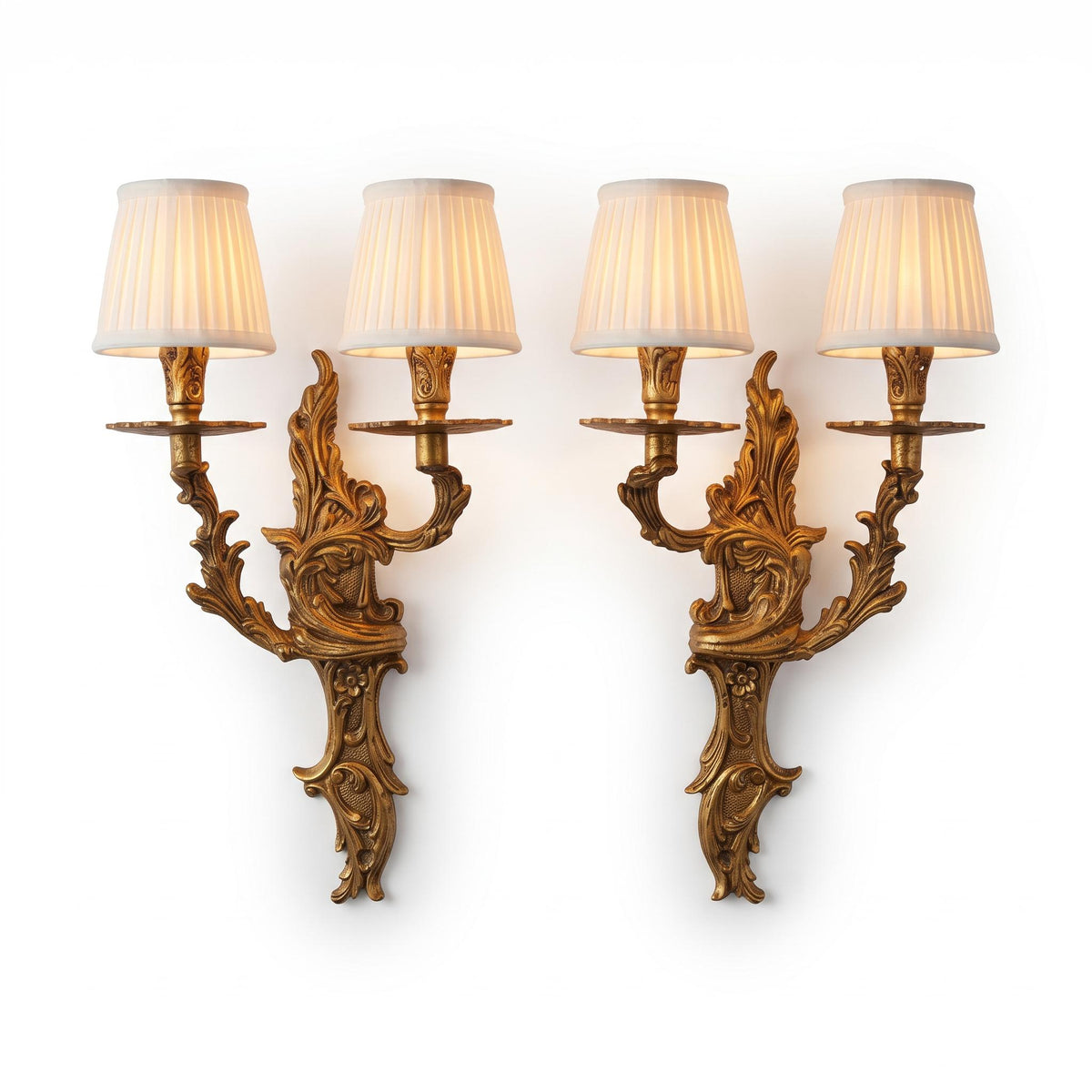 Pair of Vintage Louis XV Style Gold-Tone Metal Two-Arm Candle Wall Sconces, Rococo Scroll and Rosette Design, Old World Decor