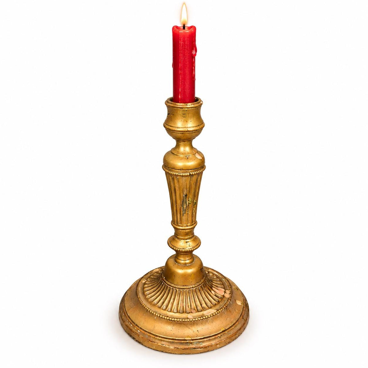 Vintage Louis XVI Style Brass-Tone Candlestick with Fluted Column and Gadrooned Base, Neoclassical Taper Holder, Mantel Decor