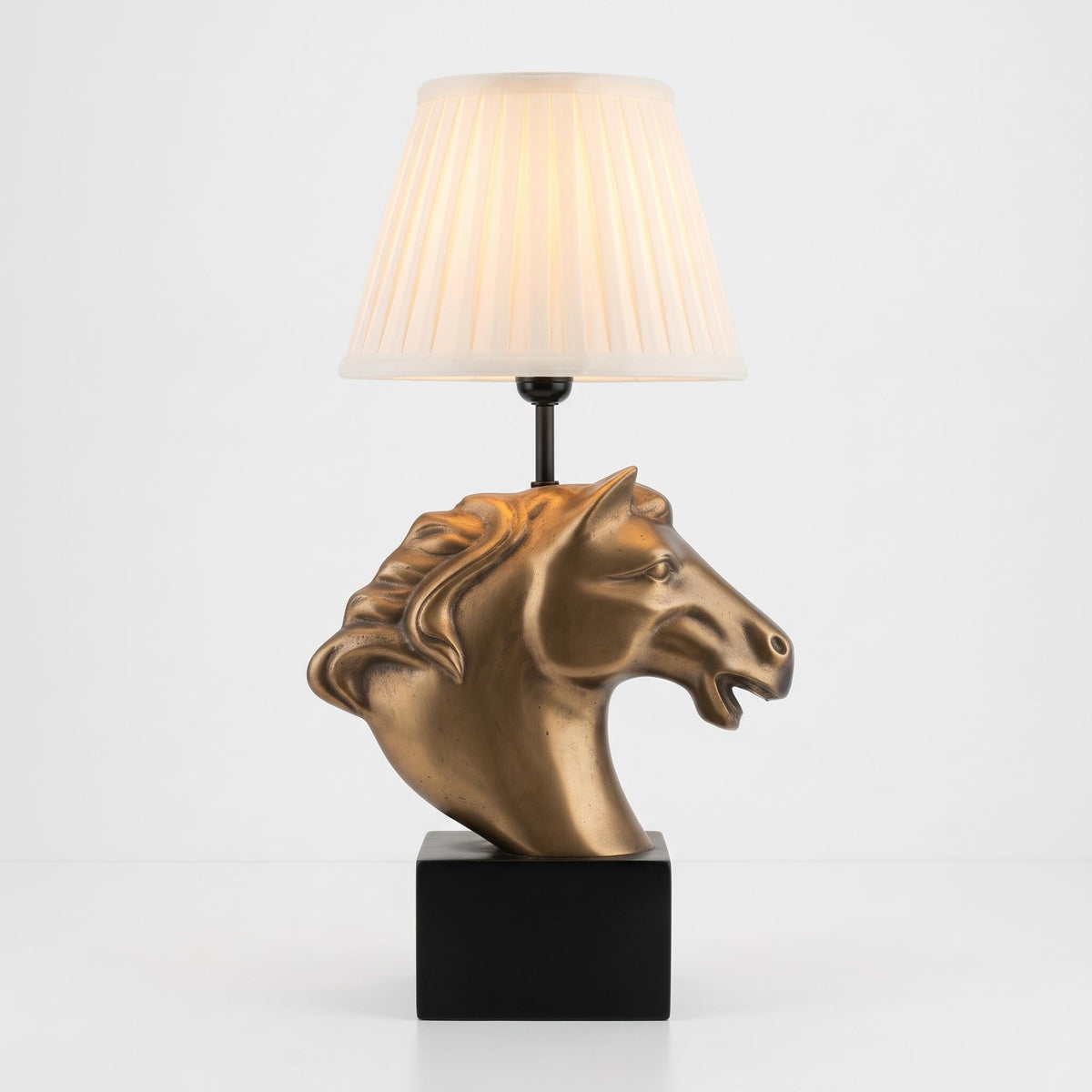 Vintage 1980s Brass Horse Head Table Lamp on Black Base, Hollywood Regency Sculptural Stallion Lamp, Equestrian Statement Light