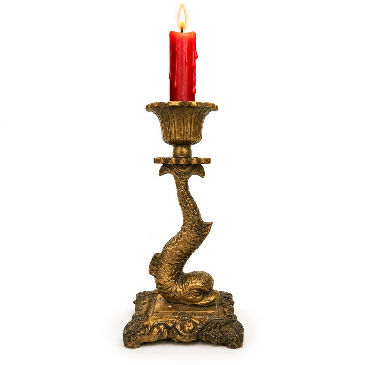 Vintage Metal Dolphin Candlestick, Empire Style Figural Fish Taper Holder with Tulip Cup, Nautical Mantel or Coastal Decor