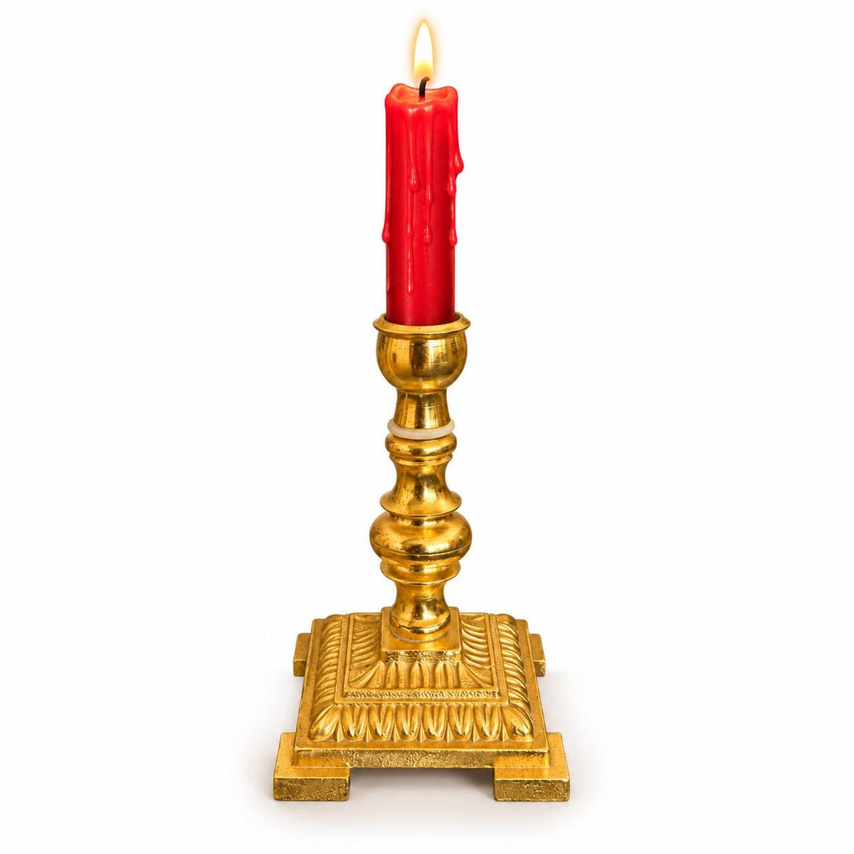Vintage 24K Gold-Plated Candlestick with Square Acanthus Base, Classic Baluster Taper Holder, Elegant Mantel or Table Decor