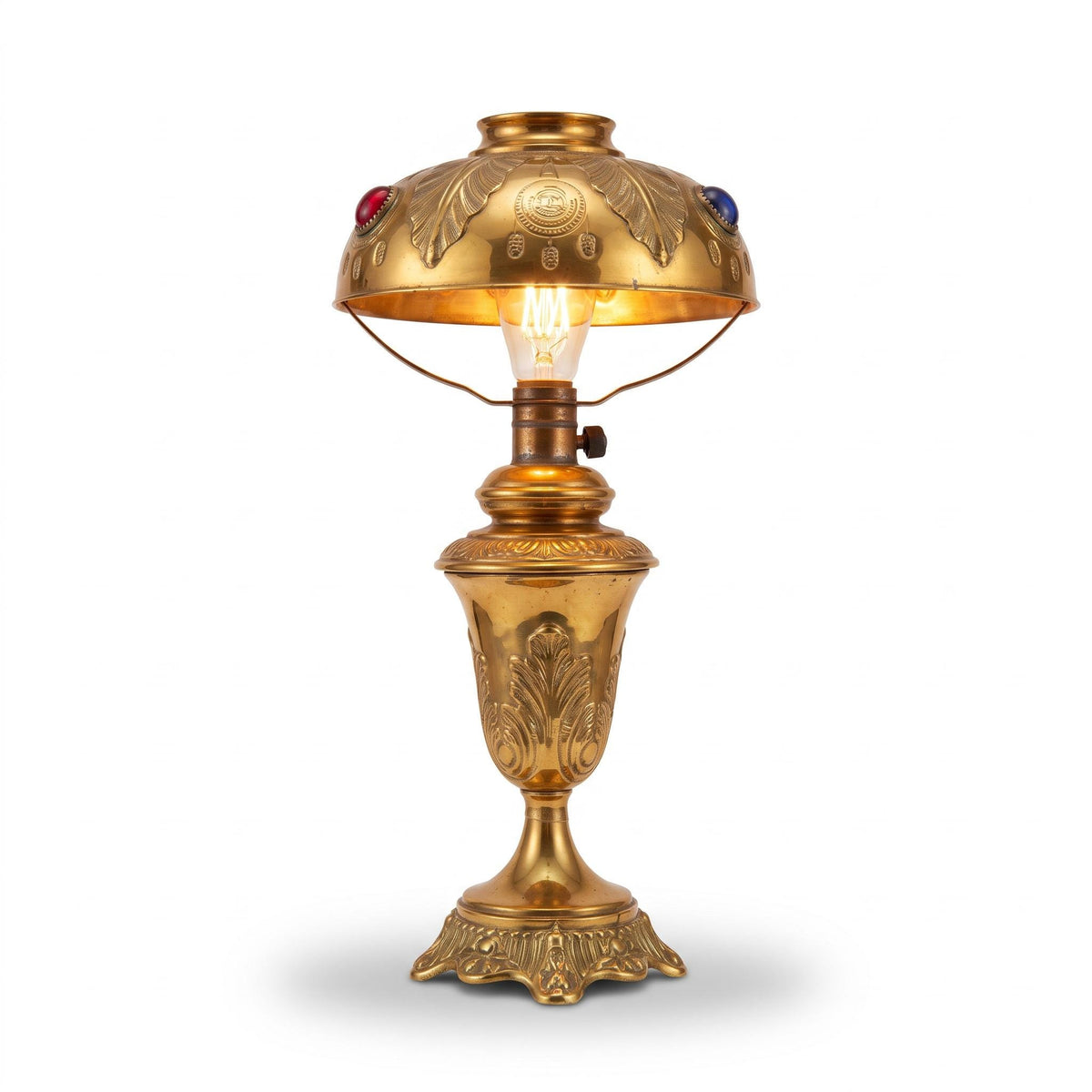 Vintage Art Nouveau Style Brass Table Lamp with Embossed Brass Shade and Coloured Glass Cabochons, Oil Lamp Form Desk or Bedside