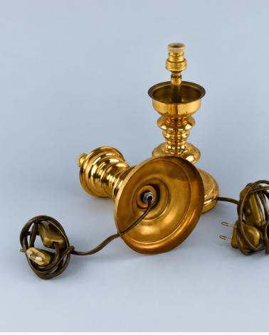 Vintage Pair of Gold-Tone Metal Table Lamp Bases, Turned Balusters and Bowl Collars, 22.3 cm