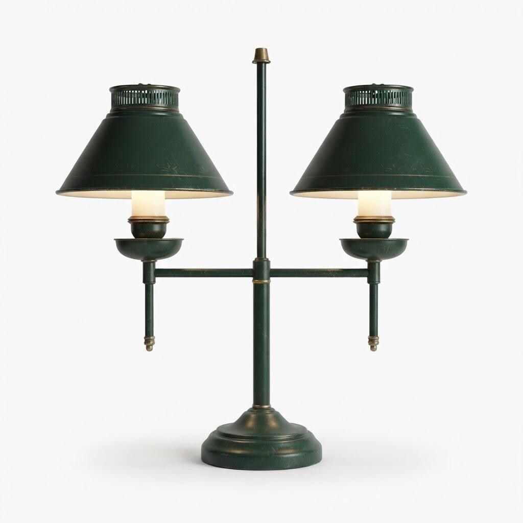 Vintage French Country Green Tole Double Table Lamp, Bouillotte Style Two-Arm Desk Lamp with Metal Shades, Library or Reading Light