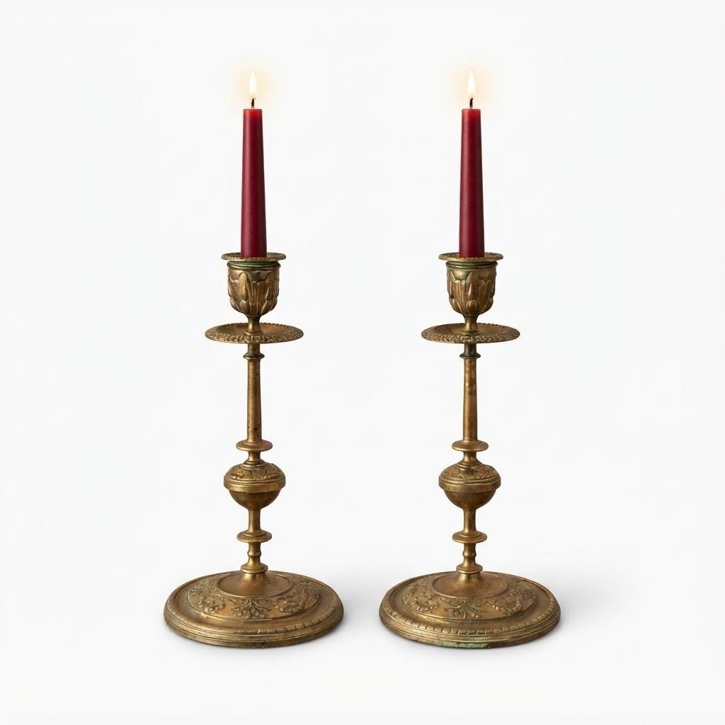 Pair of Vintage Napoleon III Style Bronze Candlesticks with Removable Bobeches, Embossed Garland Bases, Classic Mantel Taper Holders