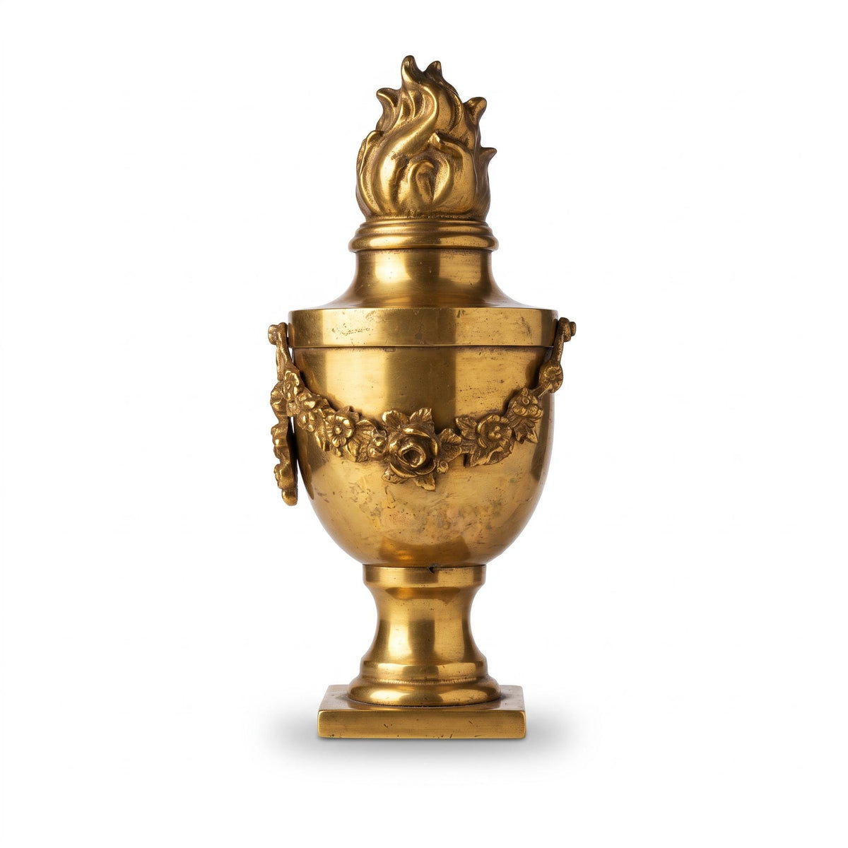 Antique French Louis XVI Style Brass Cassolette Urn with Flame Finial and Rose Garland, Neoclassical Mantel Ornament, Circa 1880–1920