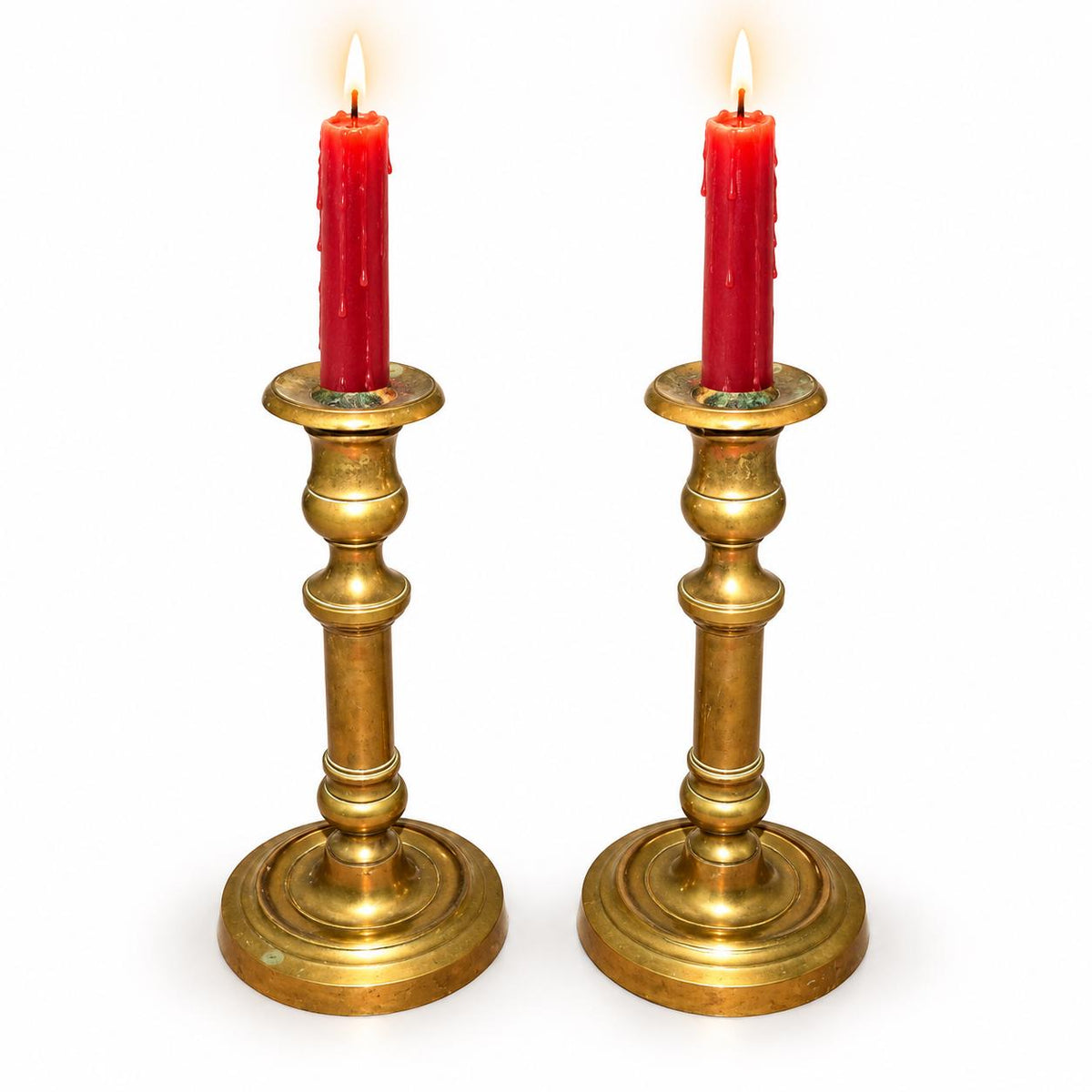Pair of Vintage French Restoration Style Heavy Brass or Bronze Candlesticks, Turned Baluster Taper Holders, Classic Mantel Decor
