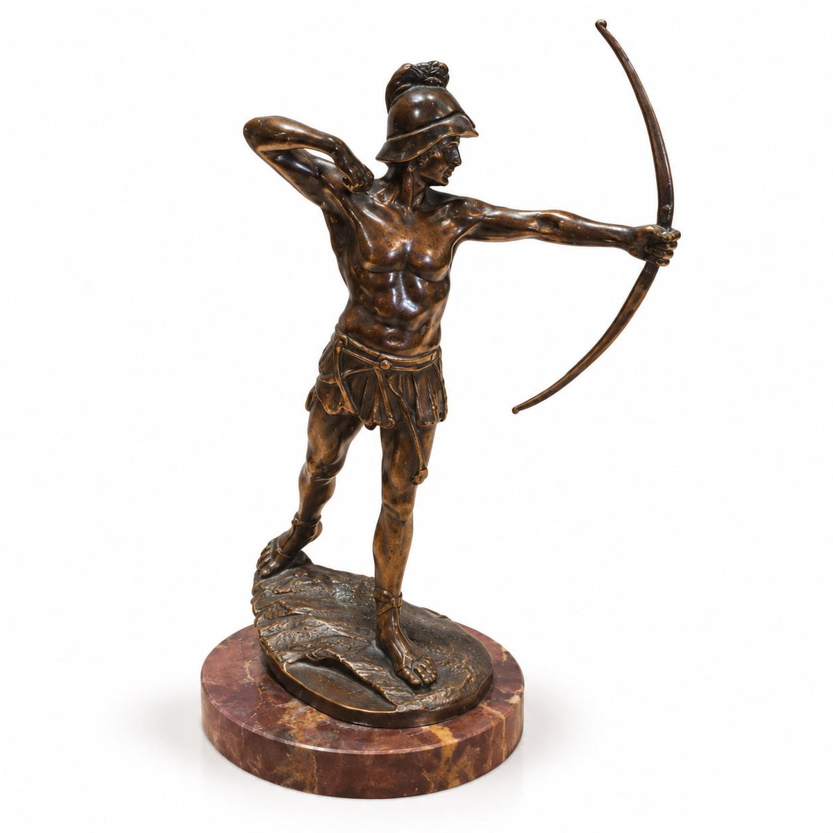 Vintage Bronze Archer Statue with Brown Patina on Oval Marble Base, Classical Greek Warrior Drawing Bow, Small Desk Sculpture
