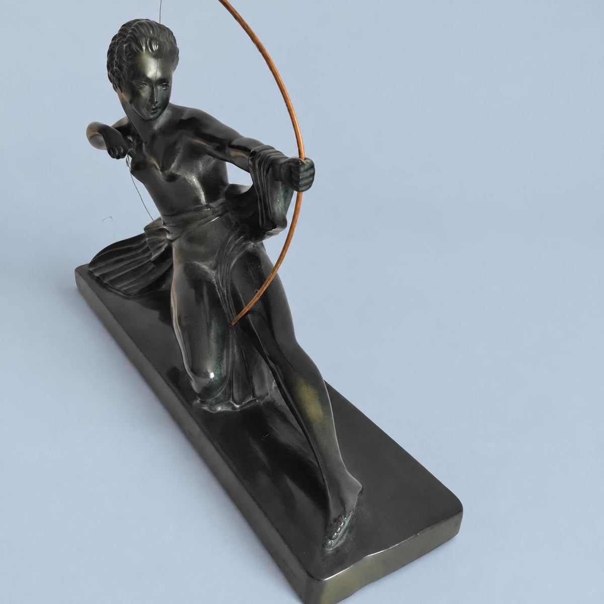 Art Deco Diana the Huntress Statue, Dark Green Patina Kneeling Archer Sculpture, Vintage