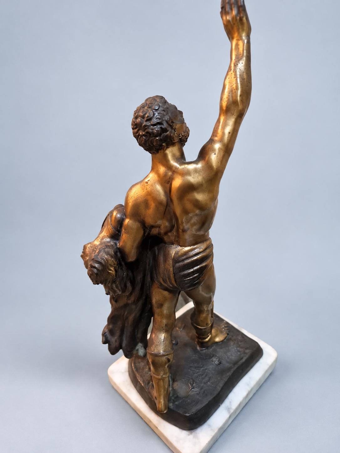 Mythological Warrior Statue Carrying a Woman, Gold-Tone Spelter on Marble Base, Vintage
