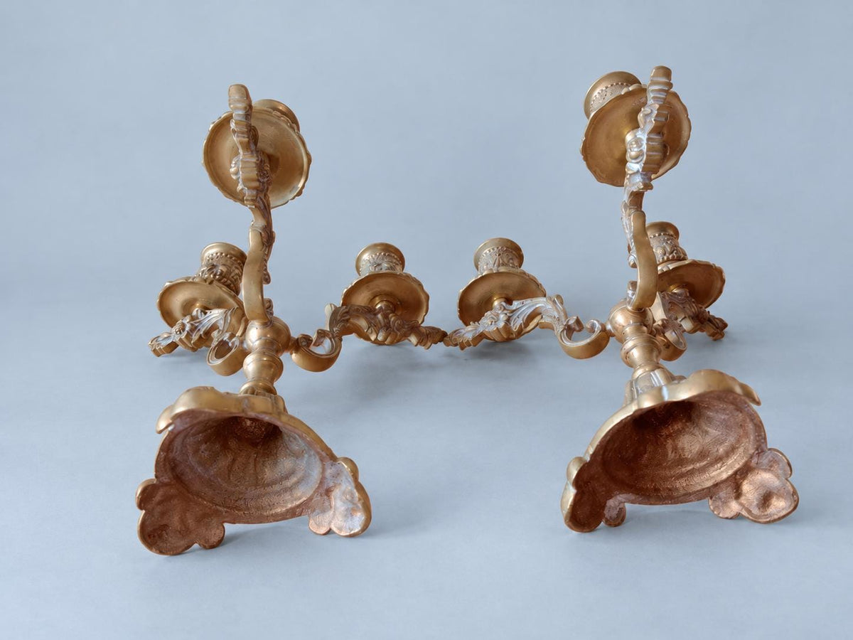 Pair of Vintage Bronze Three-Arm Candelabra, Rococo Style Ornate Candle Holders on Scrolled Feet, Mantel or Dining Table Centrepiece